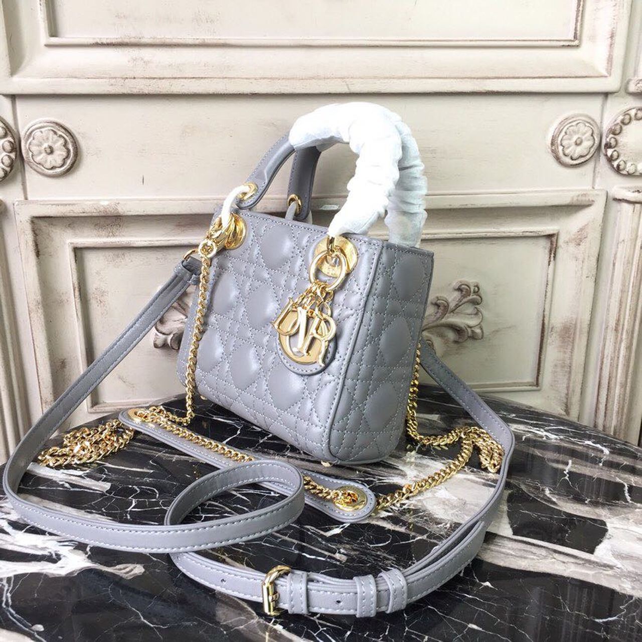 Top Quality Mini Lady Bag Gold Toned Hardware Grey For Women 18cm/7in CD