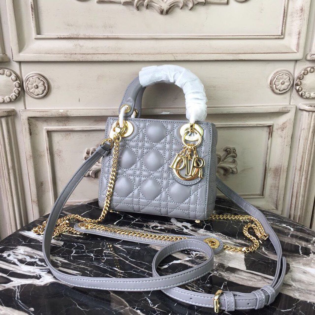 Top Quality Mini Lady Bag Gold Toned Hardware Grey For Women 18cm/7in CD