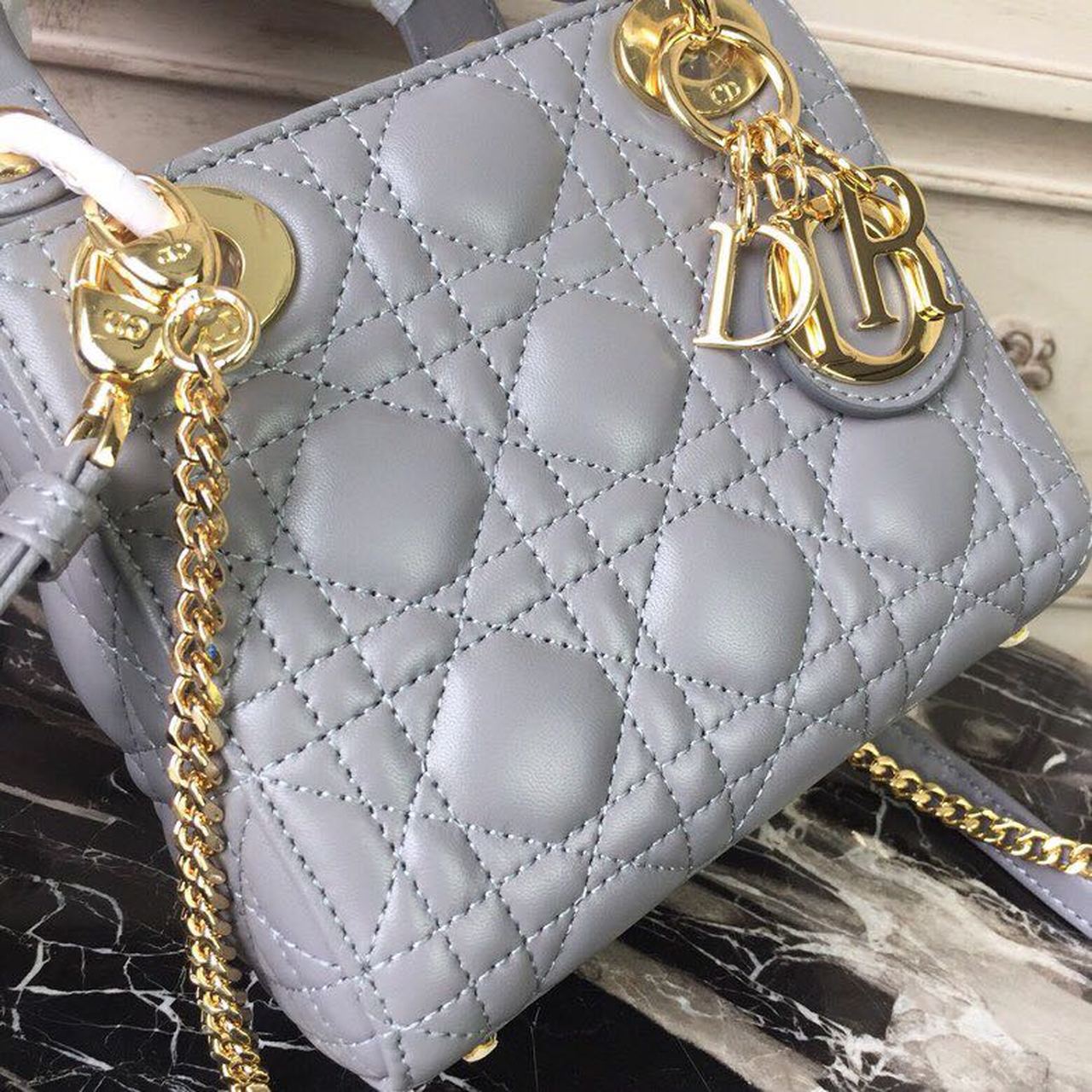 Top Quality Mini Lady Bag Gold Toned Hardware Grey For Women 18cm/7in CD