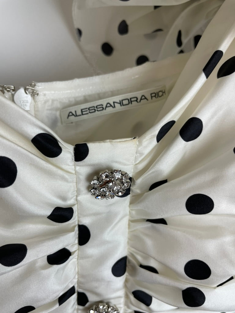 Alessandra Rich White & Black Polka Dot Ruched Crepe Mini Dress with Crystal Buttons and Strap Ruffle Details Size IT 38 (UK 6)