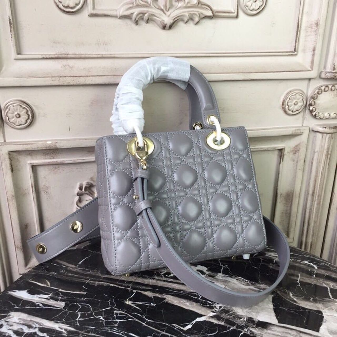 Top Quality Small Lady Bag Gold Toned Hardware Grey For Women 20cm/8in CD