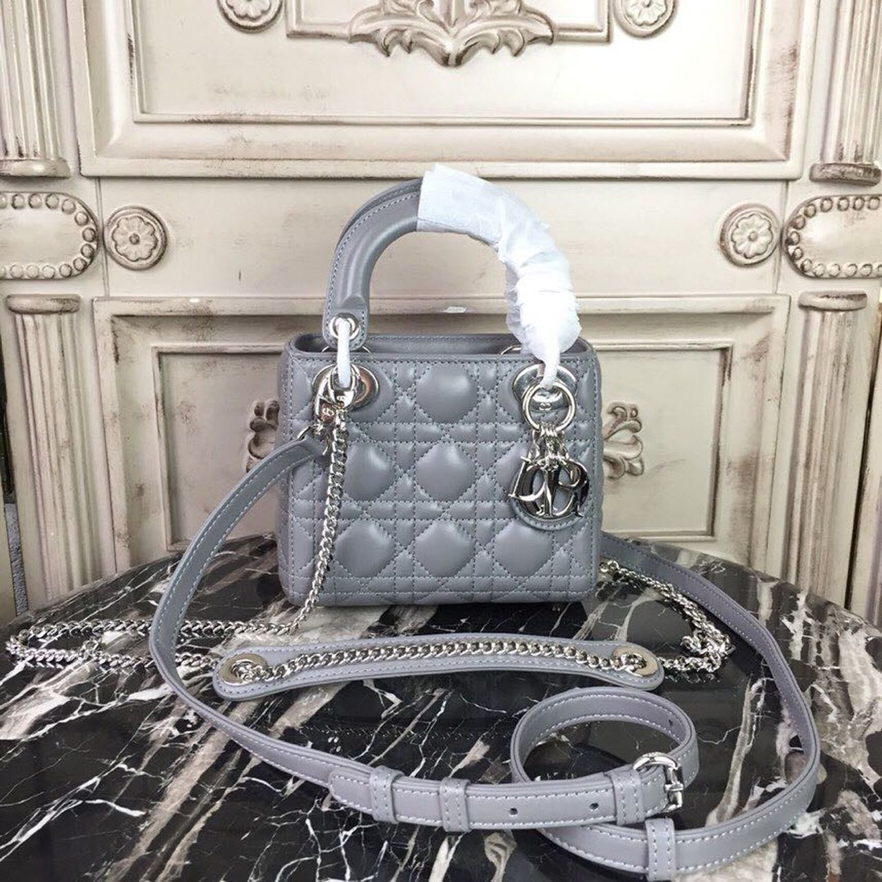 Top Quality Mini Lady Bag 18cm with Chain Silver Hardware Lambskin Grey For Women 6.5in/17cm CD