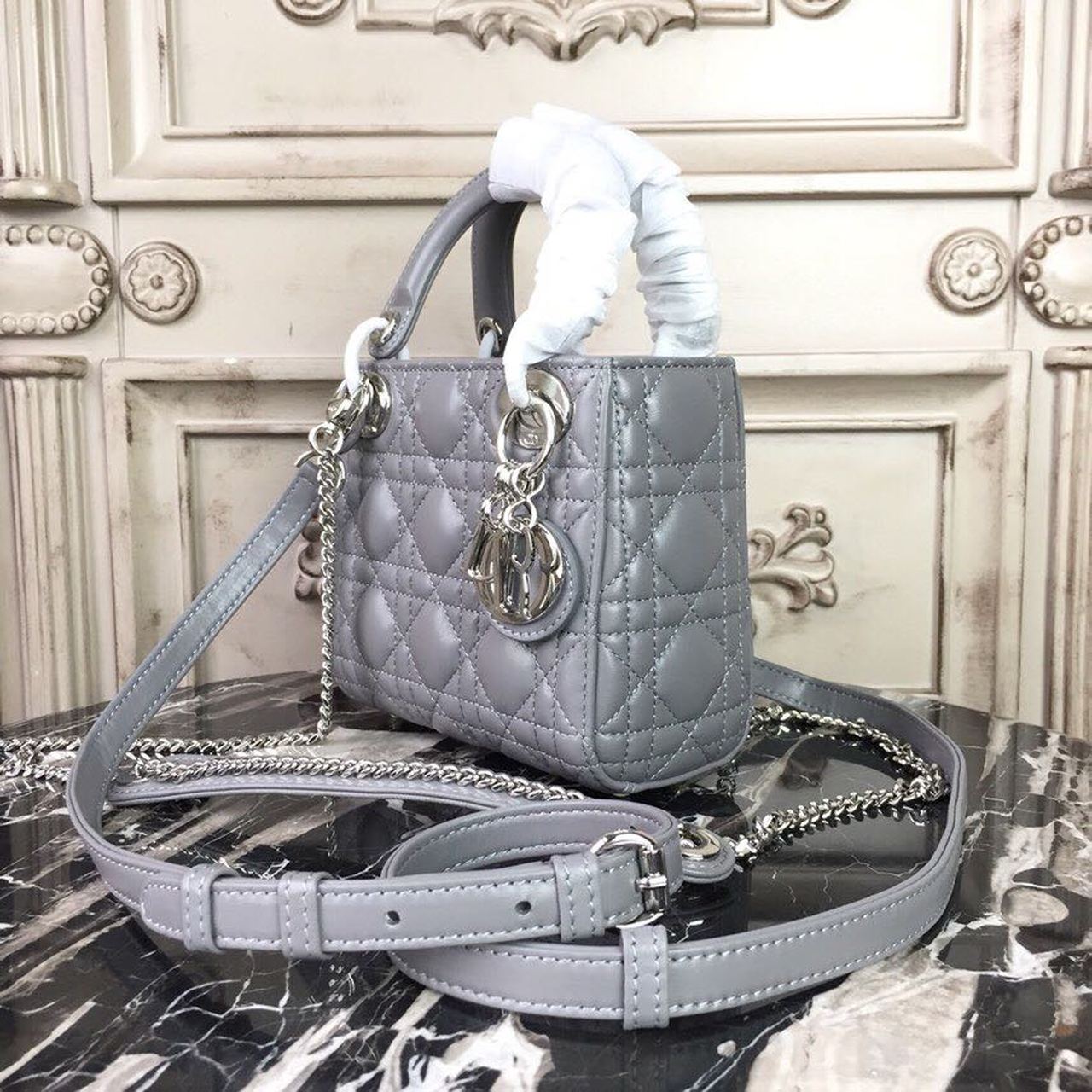 Top Quality Mini Lady Bag 18cm with Chain SiTop Qualityer Hardware Lambskin Grey For Women 6.5in/17cm CD