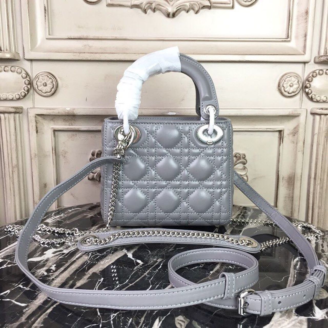 Top Quality Mini Lady Bag 18cm with Chain Silver Hardware Lambskin Grey For Women 6.5in/17cm CD