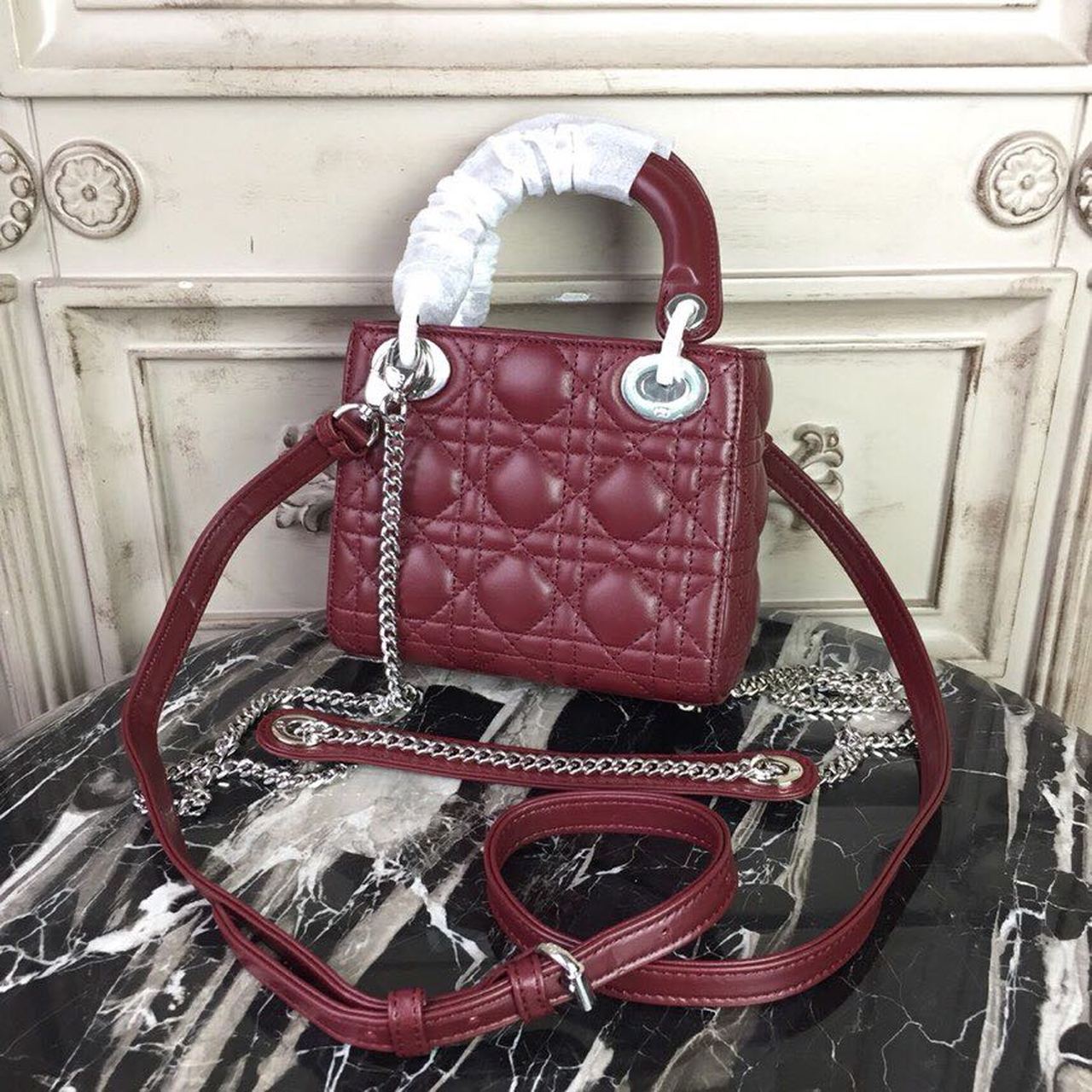 Top Quality Mini Lady Bag with Chain Silver Hardware Burgundy For Women 6.5in/17cm CD