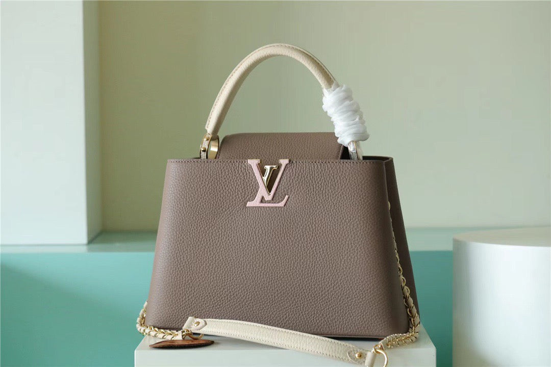 Top Quality Capucines MM Taurillon Smokey Brown Green/ Creme/ Pink For Women, Womens Bags, Shoulder And Crossbody Bags 12.4in/31.5cm Top Quality M59516