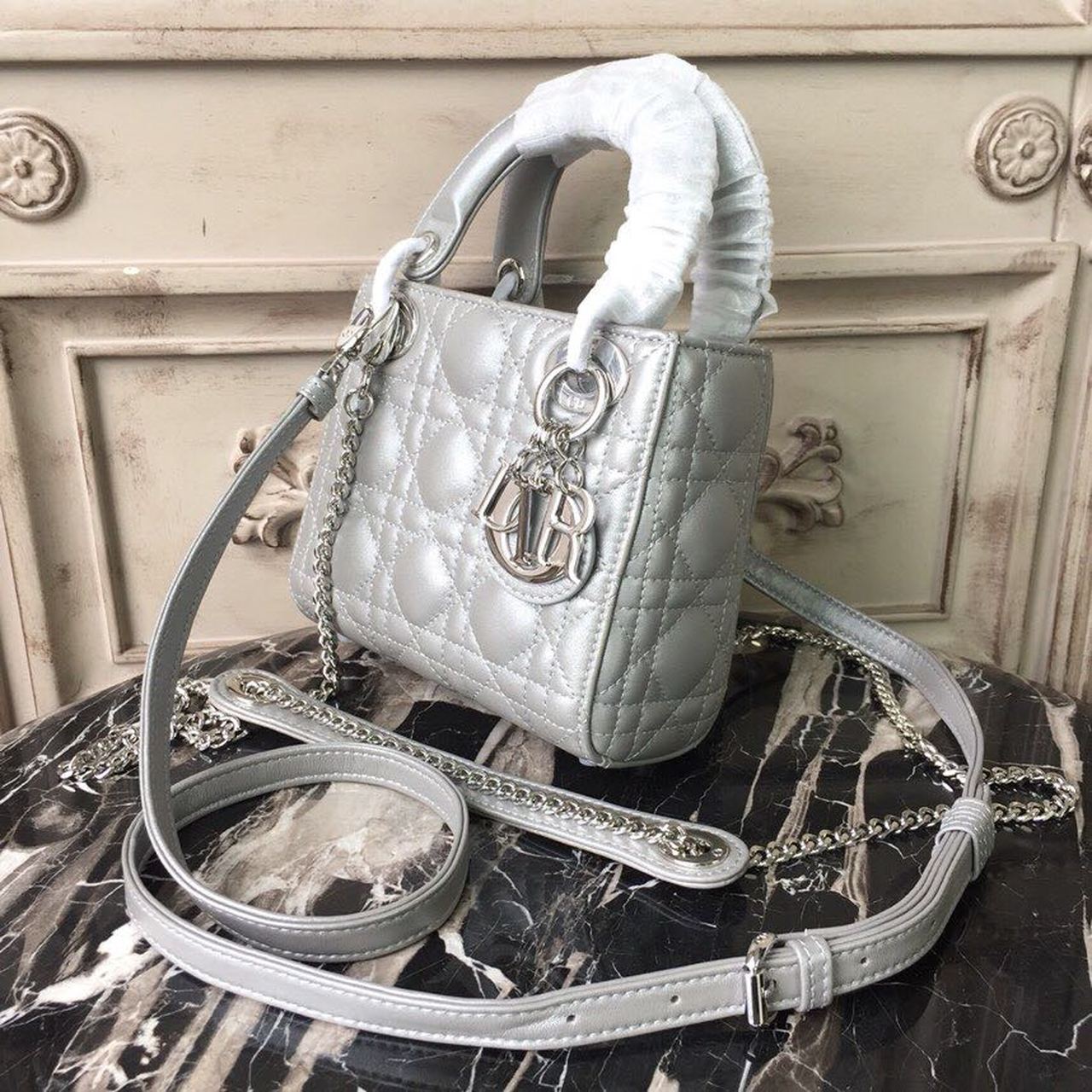 Top Quality Mini Lady Bag with Chain Silver Hardware Spring/Summer Collection, Pearl Gold, For Women Womens Handbags, 18cm CD