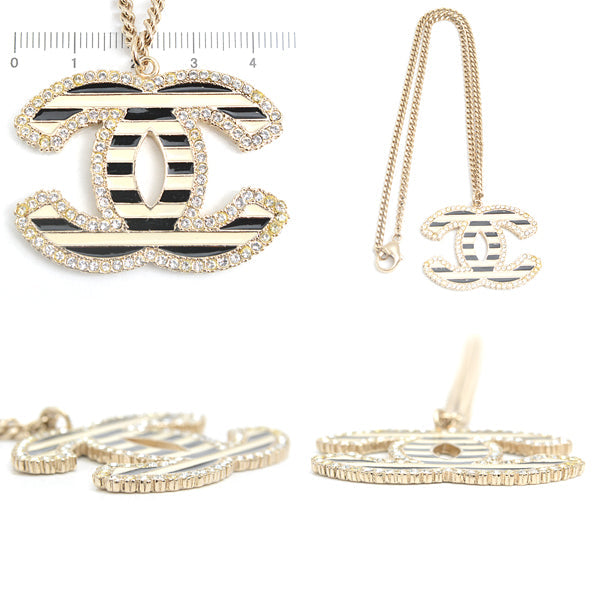Chanel Coco Mark Rhinestone Pendant Necklace Gold Black White