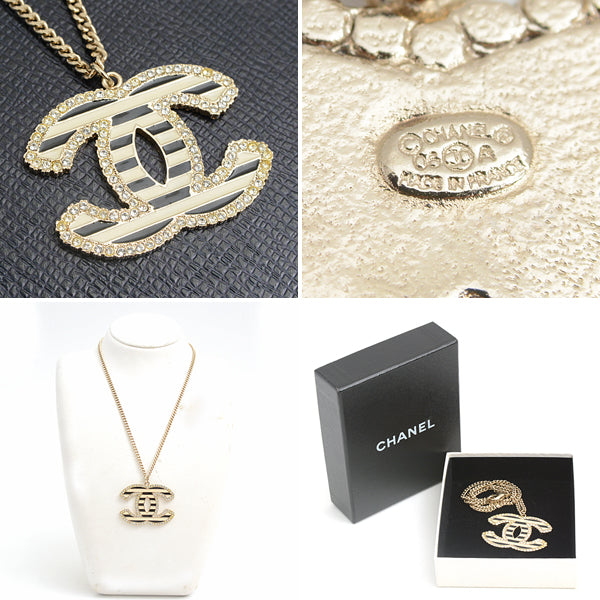 Chanel Coco Mark Rhinestone Pendant Necklace Gold Black White