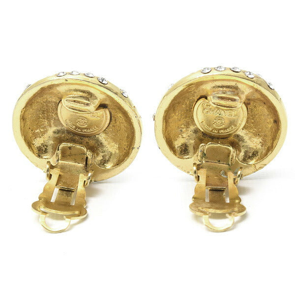 Chanel Gold Rhinestone Logo Clip Earrings