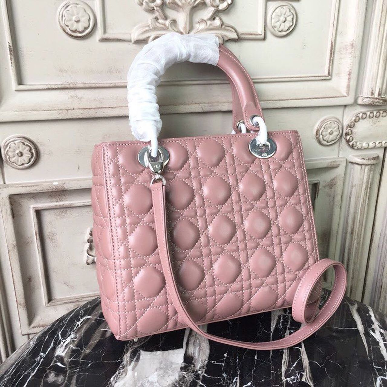 Top Quality MeTop Qualityum Lady Bag Dusty Pink Silver Hardware For Women 24cm/9.5in CD