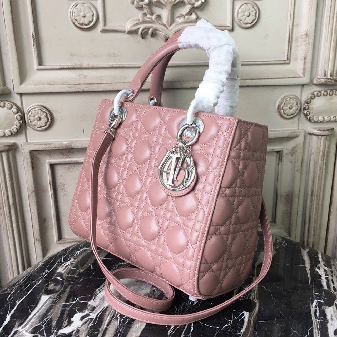 Top Quality MeTop Qualityum Lady Bag Dusty Pink Silver Hardware For Women 24cm/9.5in CD