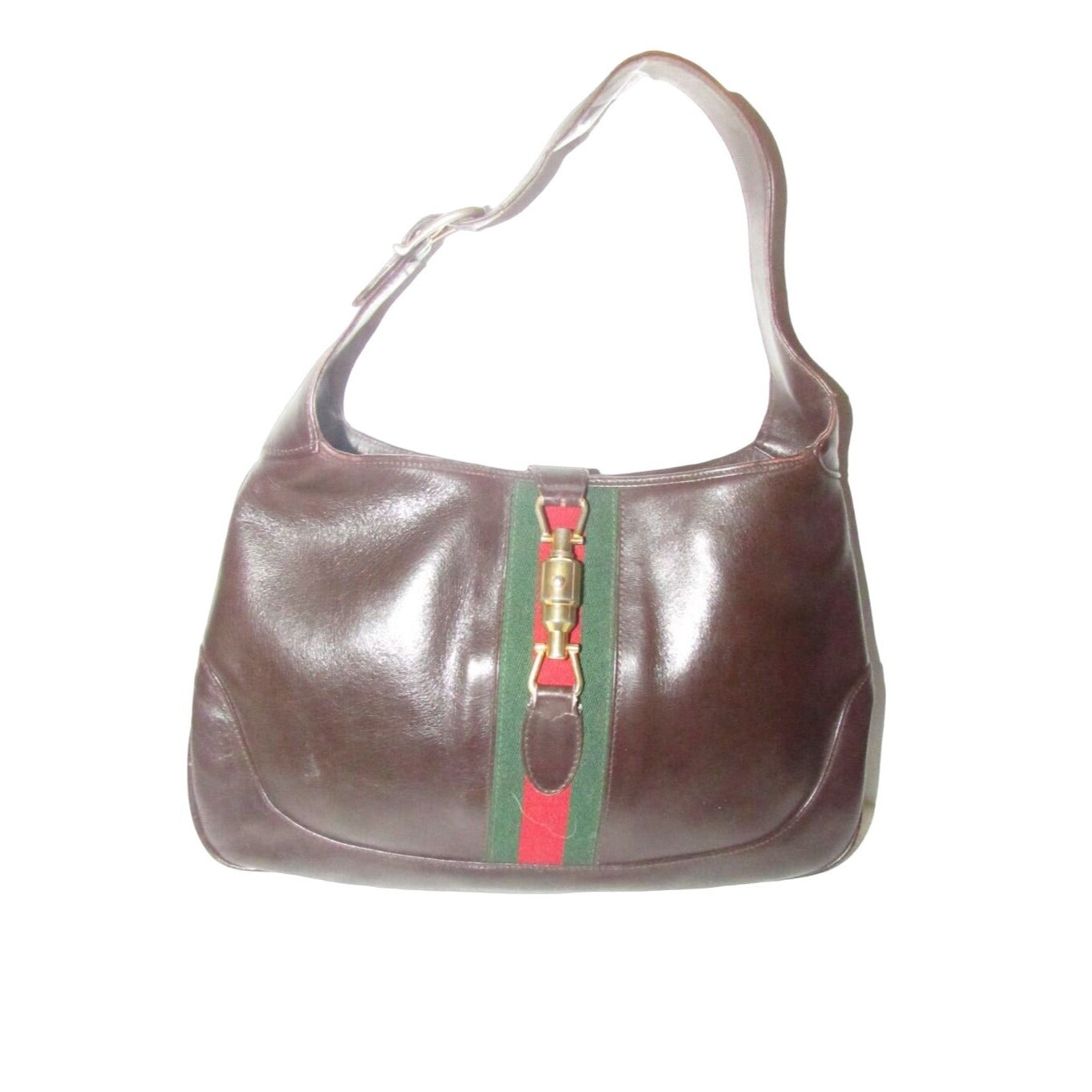 Rare,  , Gucci, 1961 Jackie, glossy brown leather hobo style shoulder bag with a red and green center stripe & gold piston closure