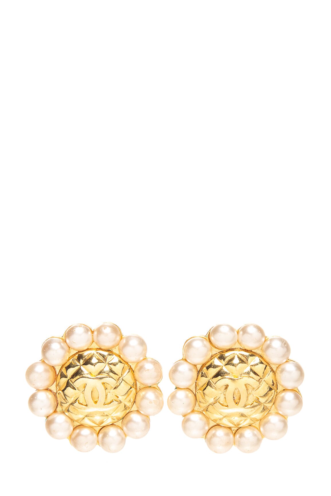 Chanel Faux Pearl Gold Tone Clip On Earrings