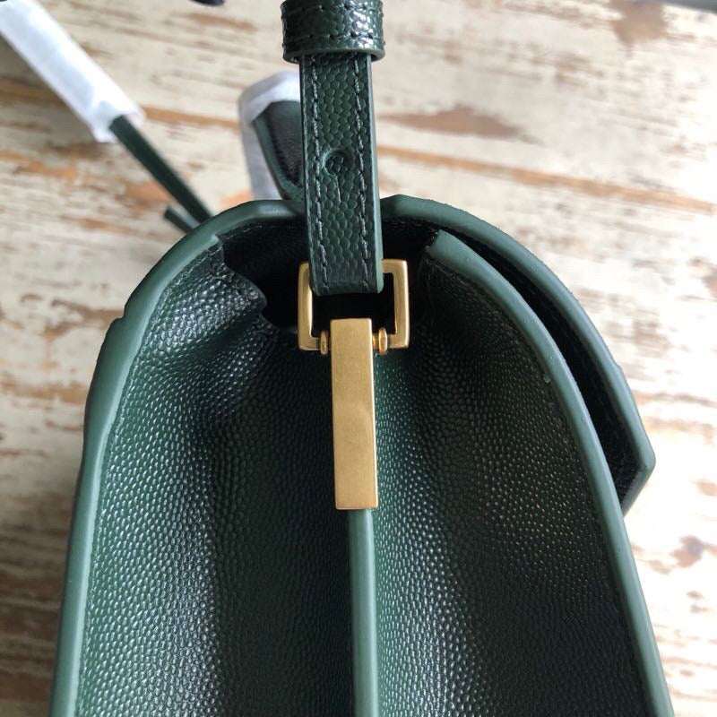 YSSL Cassandra Medium Top Handle Bag In Grain De Poudre Embossed Dark Green For Women 9in/25cm 