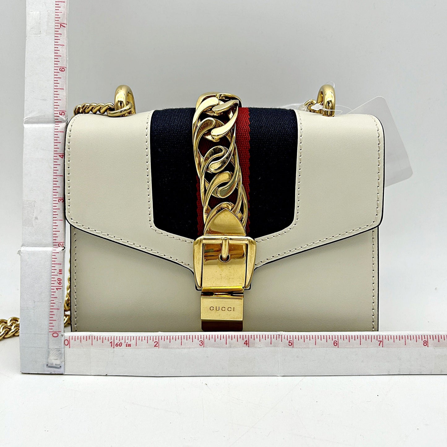 Gucci White Leather   Web Mini Sylvie Chain Shoulder Bag guht