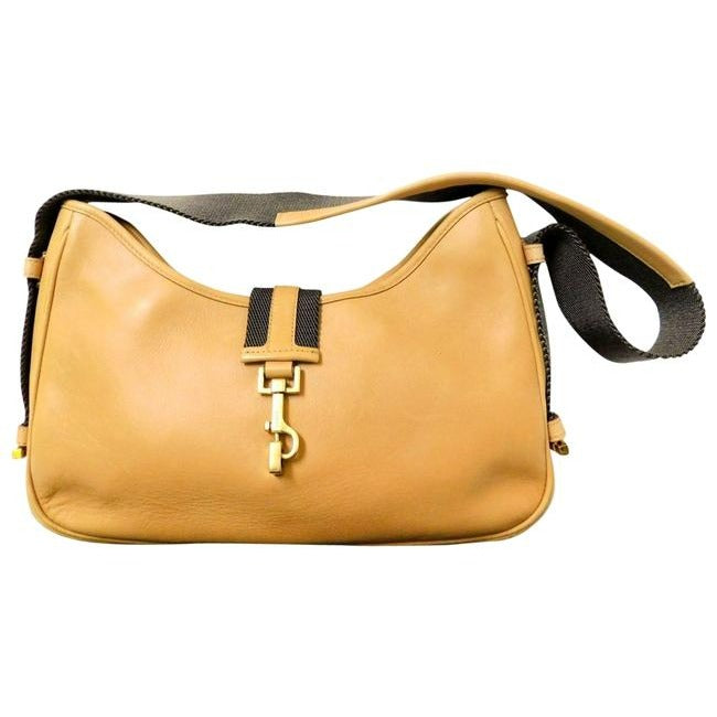 , Tom Ford era, Gucci Jackie orange-ish camel colored leather & brown canvas shoulder bag w stripe