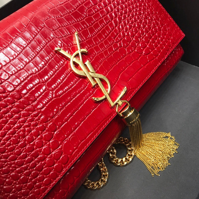 YSSL Kate Medium Chain Bag With Tassel In Embossed Crocodile Red For Women 9in/24cm YSL