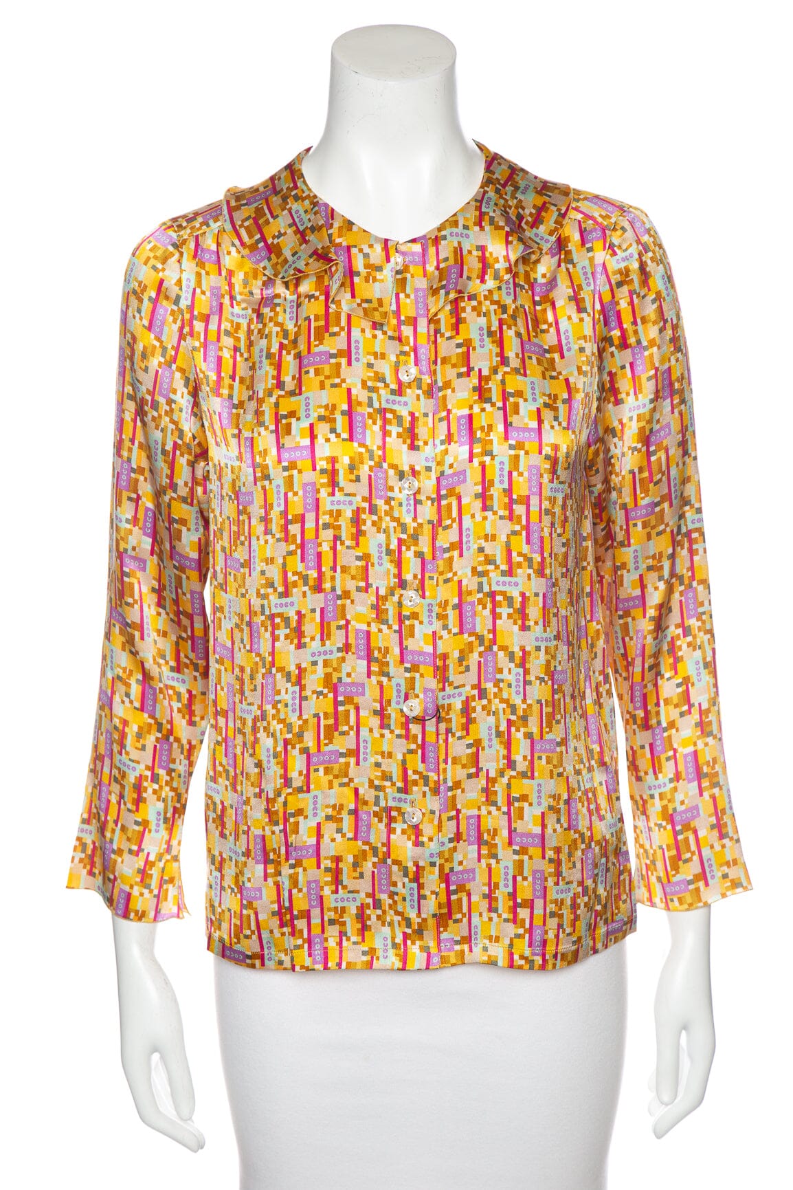 Chanel Yellow Multi "Coco"  S/S Button Up Blo  SZ 40