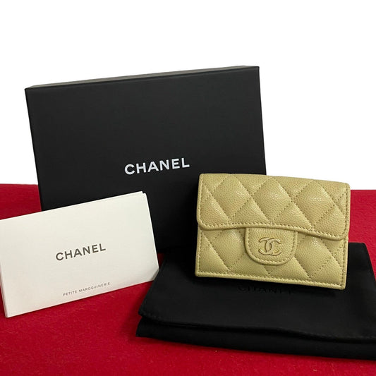 CHANEL Tri-fold wallet leather beige Matrasse Caviar skin Women