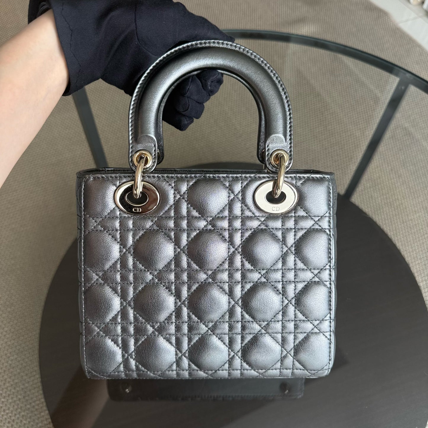 Dior Lady Small MyABC - Cannage Lambskin Metallic Dark Grey Gunmetal Gold Hardware ABC