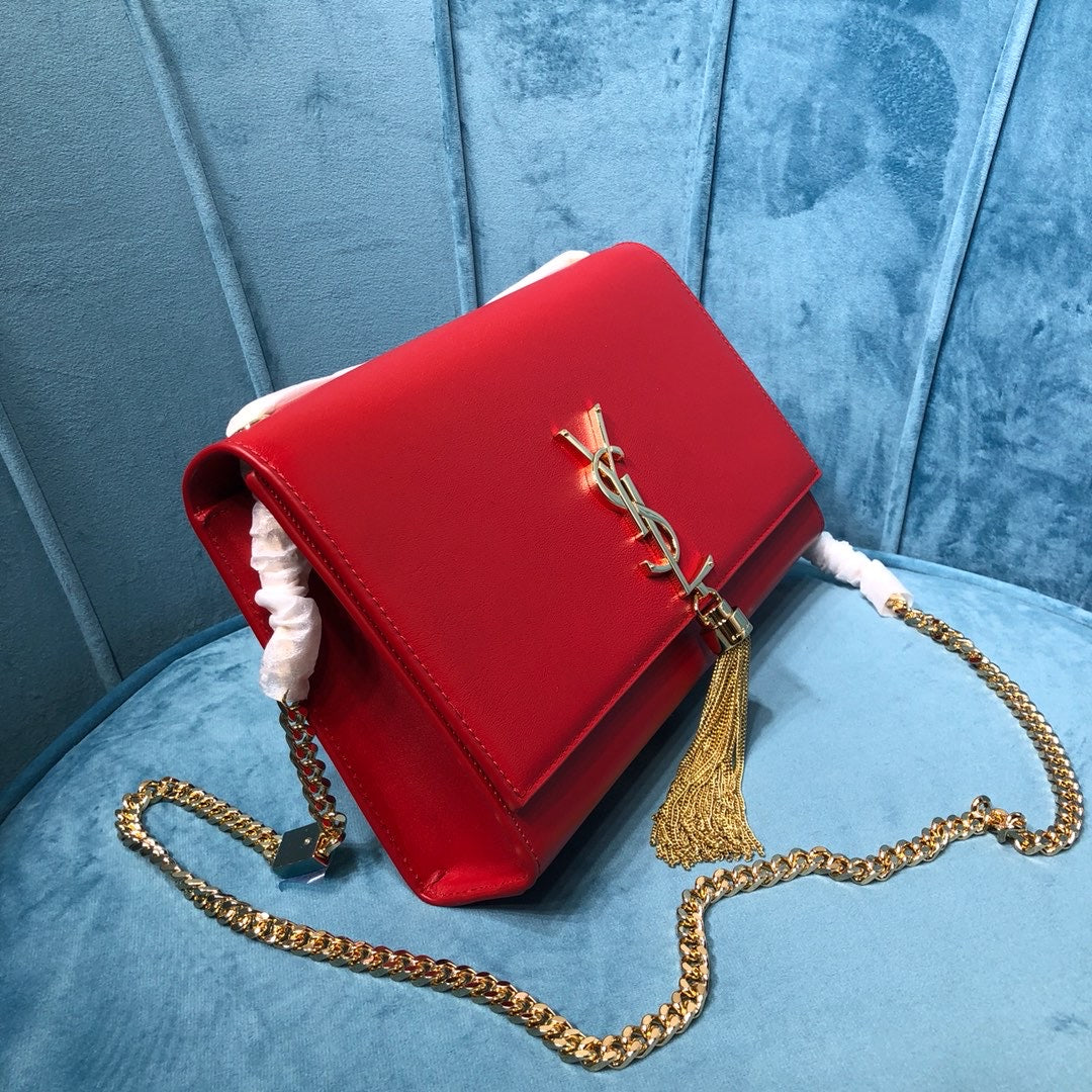YSSL Kate Medium Chain Bag With Tassel In Grain De Poudre Red For Women 9in/24cm YSL