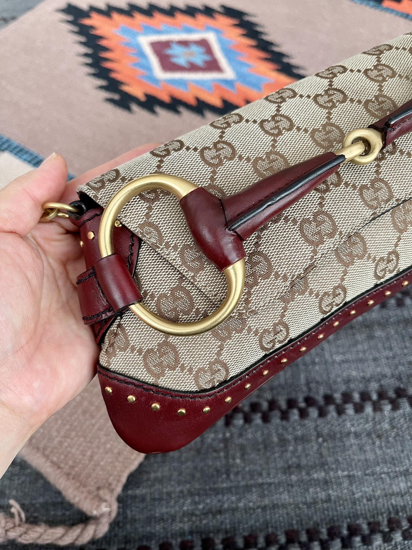 Gucci Horsebit 1955 Small Cloth Beige Monogram Burgundy Leather Shoulder bag