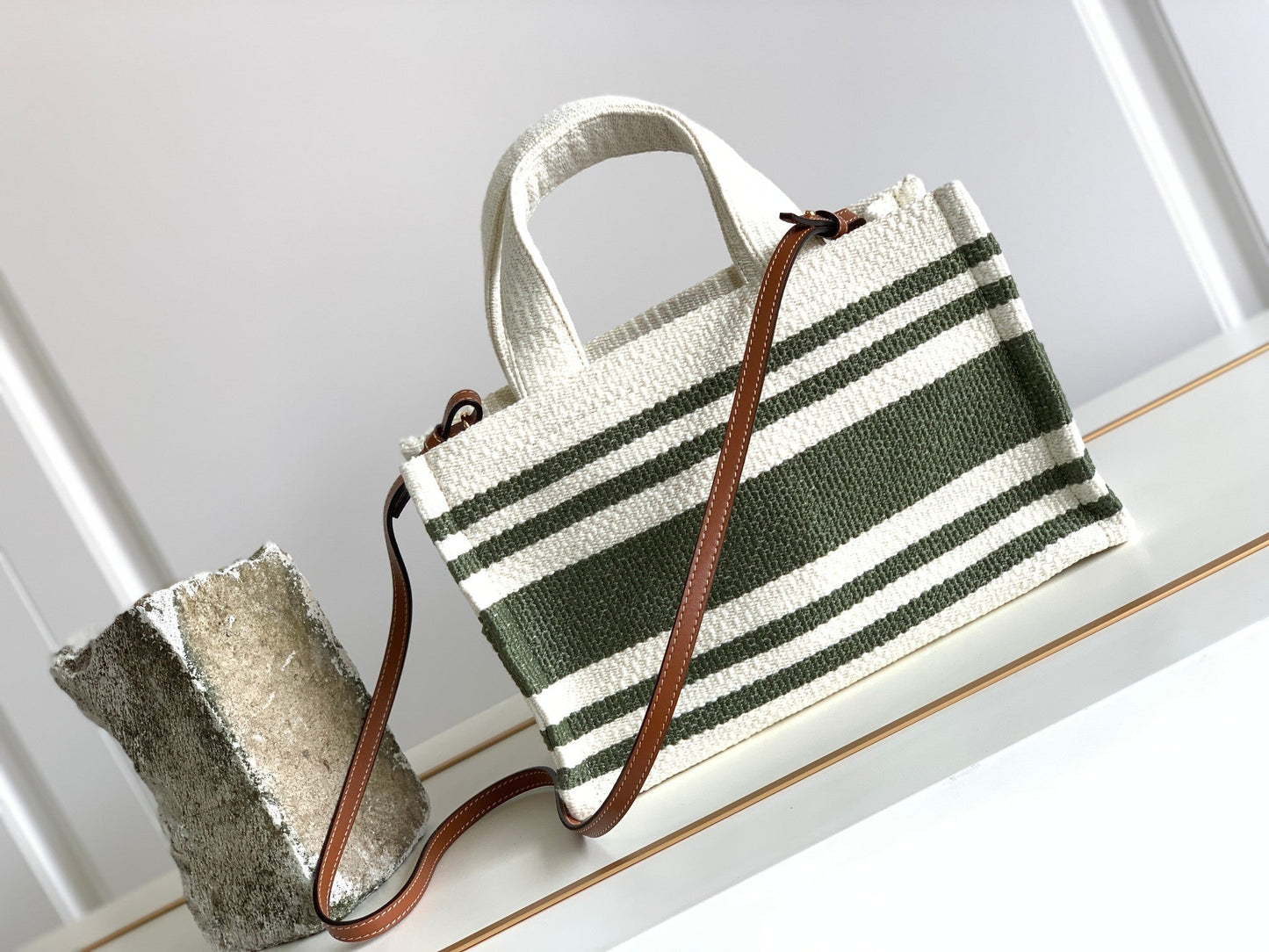 Top Quality Striped Small Triomphe Cabas Thais Nature Green For Women 11.4in/29cm