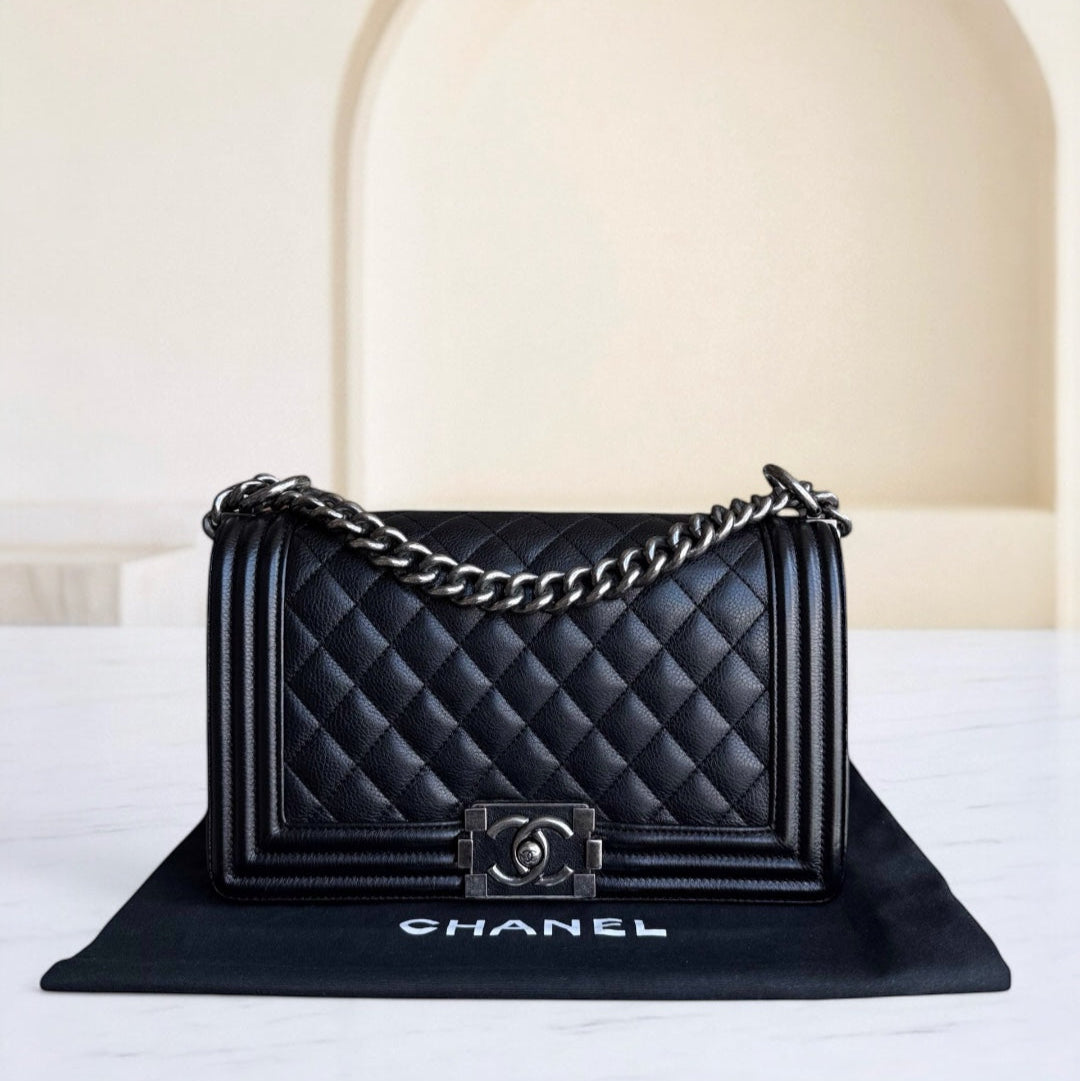 Chanel Boy Medium - 25CM Quilted Grained Calfskin Black Silver Hardware Series 23