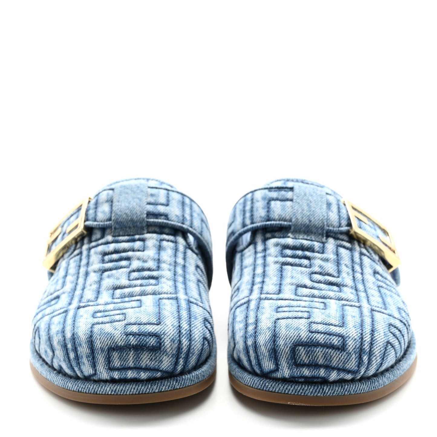 Fendi Denim Jacquard FF Womens Feel Buckled Mules 35 Blue