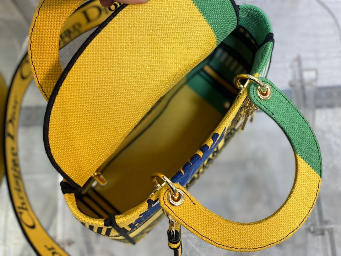 Top Quality MeTop Qualityum Lady D-Lite Bag D-Flower Pop Embroidery, Bright Yellow/Green Handbags, 24cm CD M0565OROO_M886