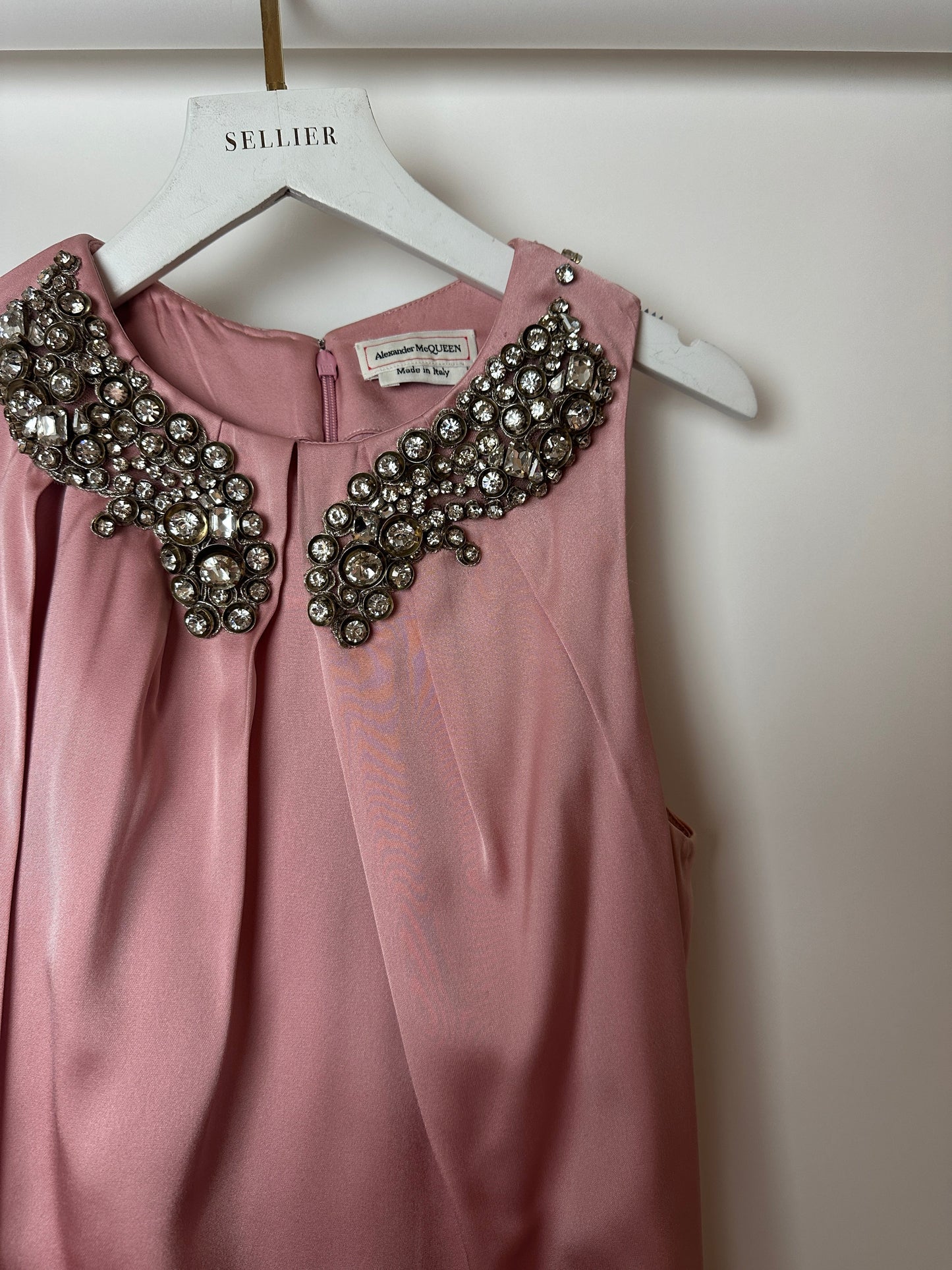 Alexander McQueen Pink Cape-Shoulder Satin Gown with Crystal Neckline & Belt Detail Size IT 42 (UK 10)
