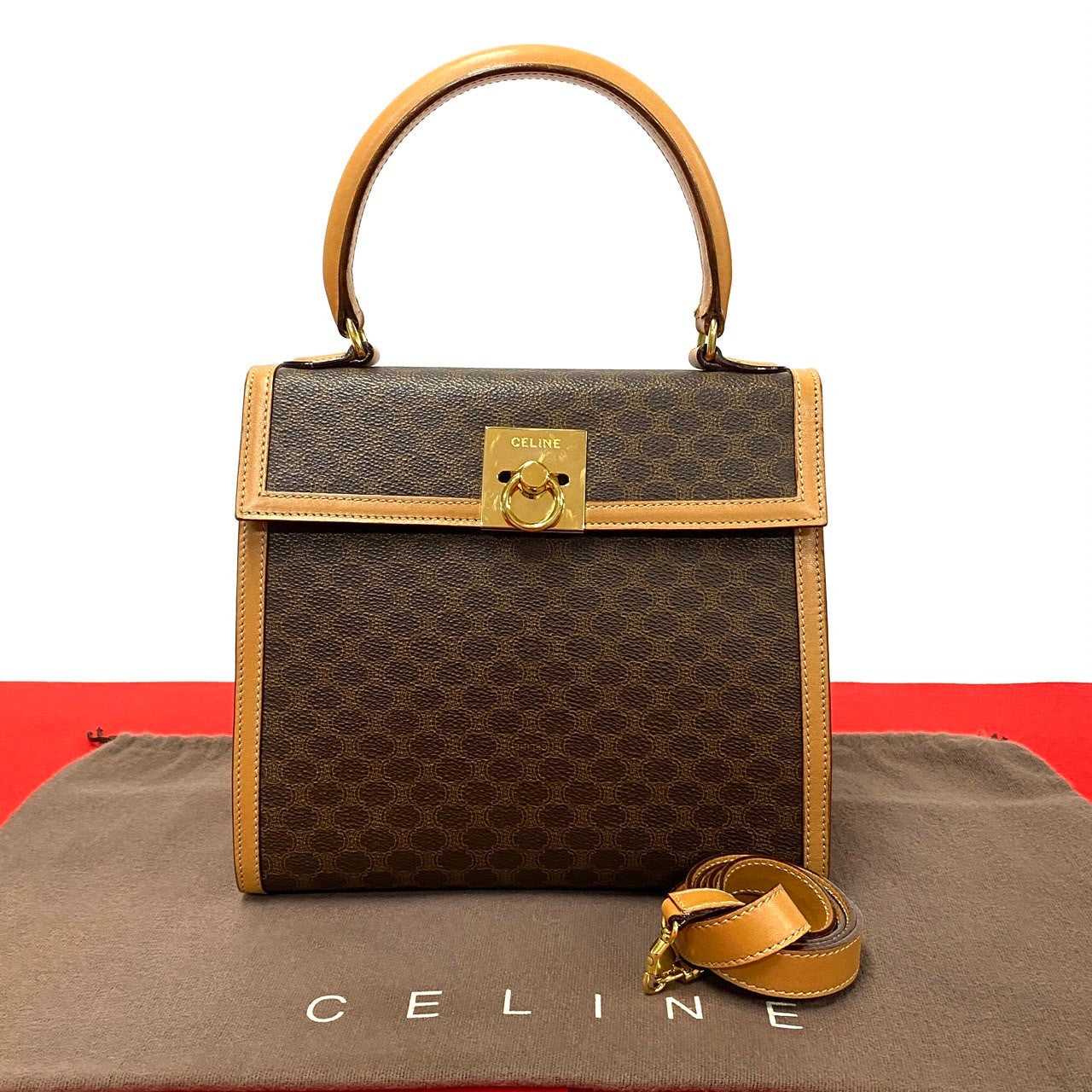 CELINE Shoulder Bag Leather, PVC Brown Macadam Blason Triomphe Pattern logo ring Metal Women