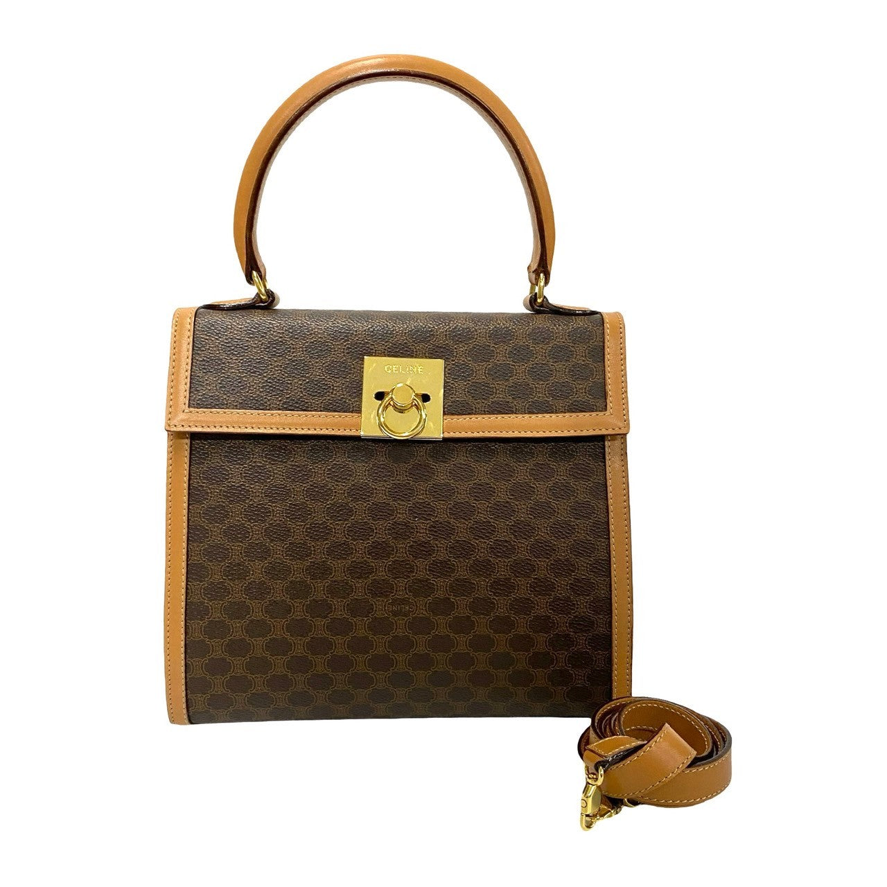 CELINE Shoulder Bag Leather, PVC Brown Macadam Blason Triomphe Pattern logo ring Metal Women
