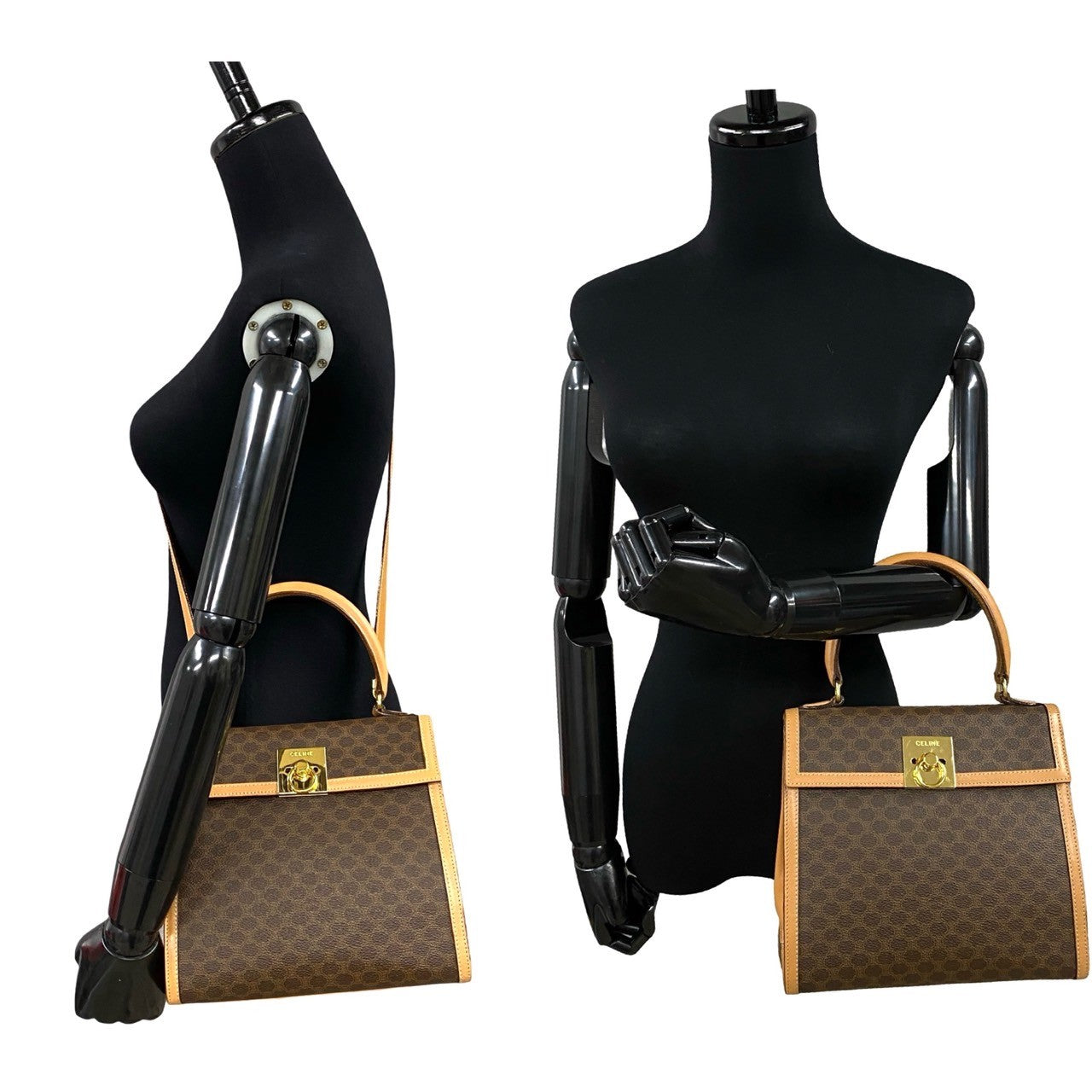CELINE Shoulder Bag Leather, PVC Brown Macadam Blason Triomphe Pattern logo ring Metal Women