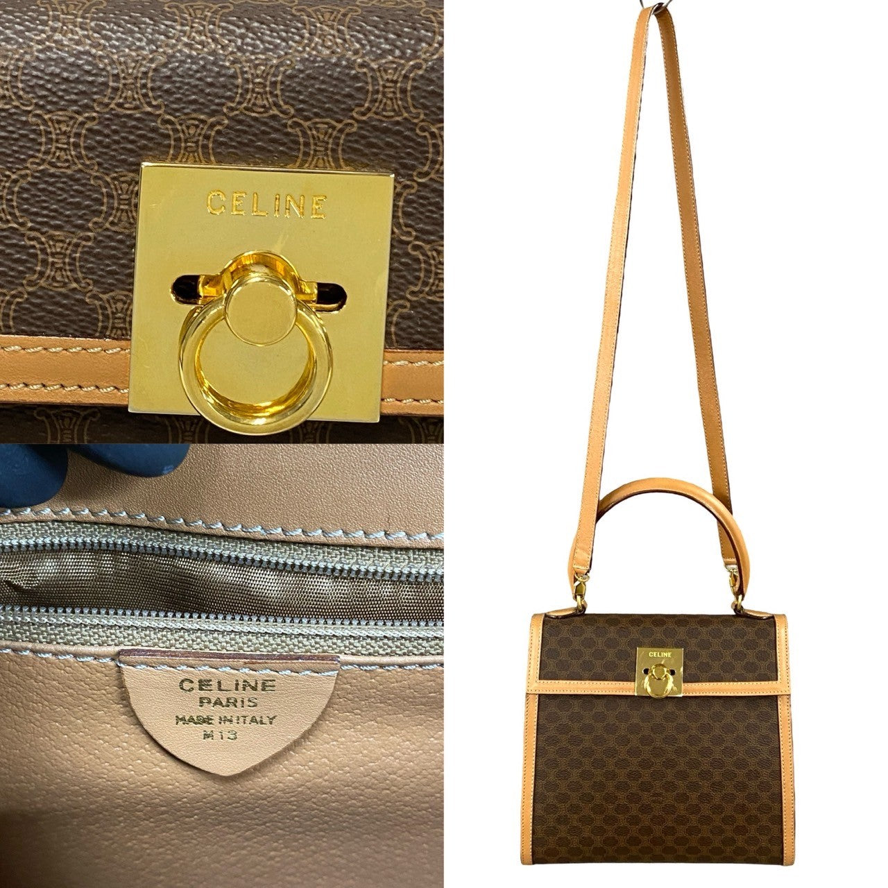 CELINE Shoulder Bag Leather, PVC Brown Macadam Blason Triomphe Pattern logo ring Metal Women
