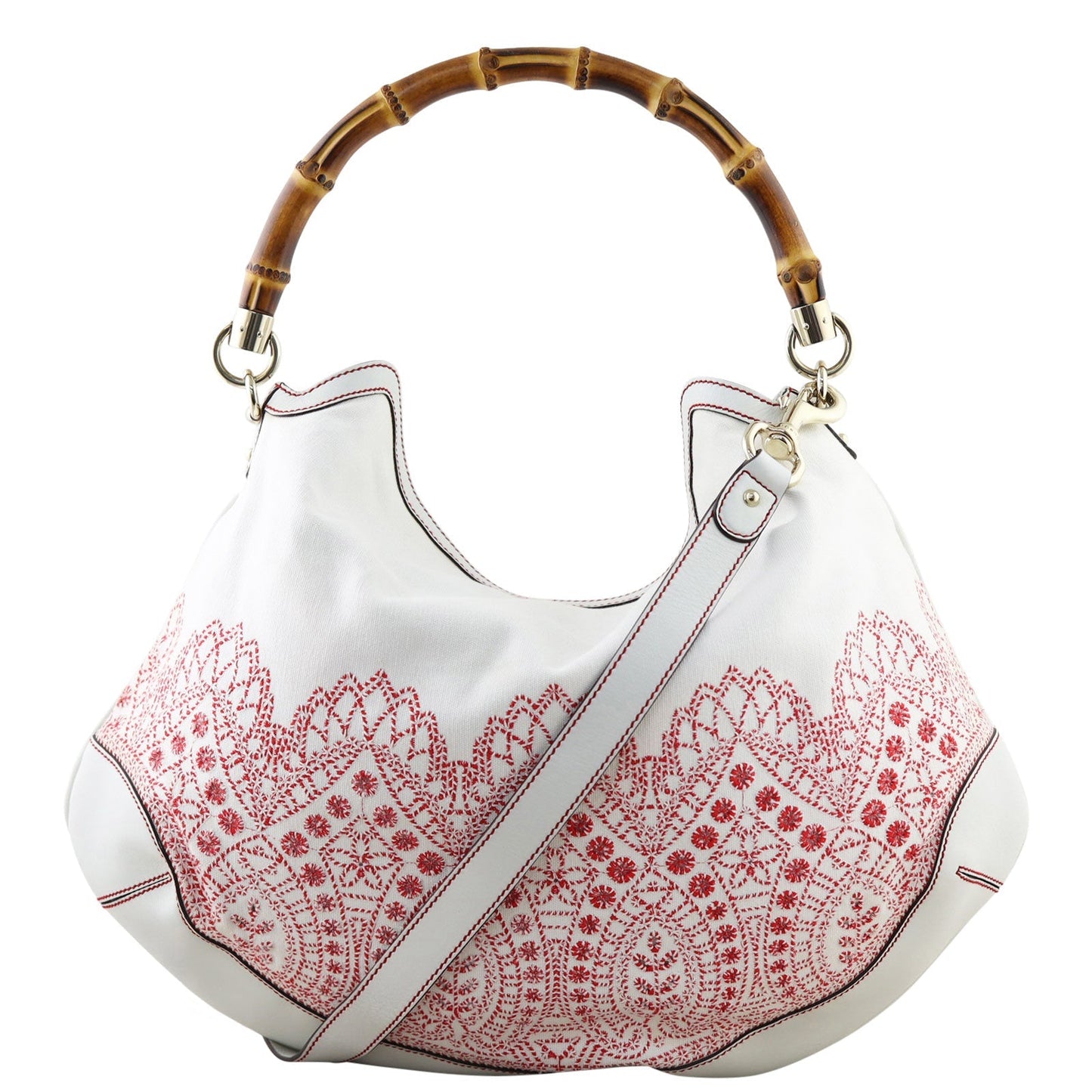 Gucci Embroidered Canvas Peggy Bamboo Hobo
