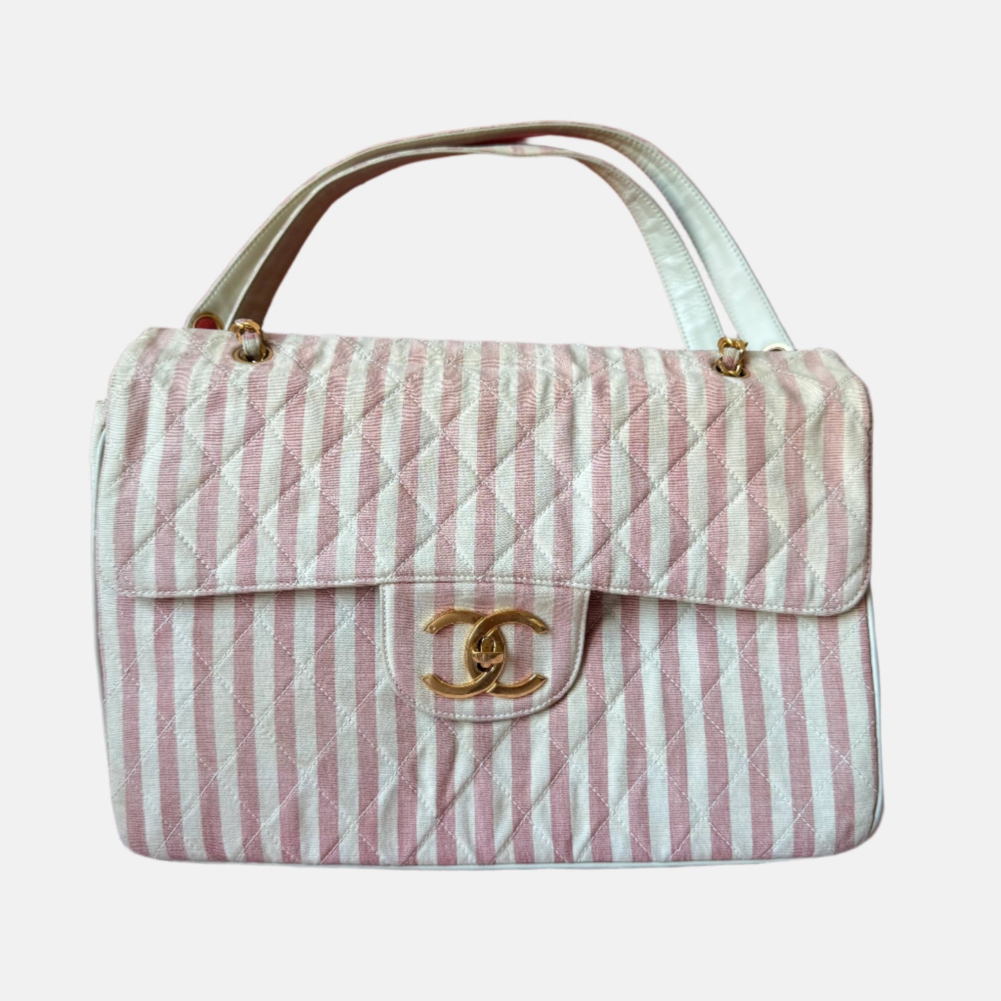 Chanel   XXL Maxi Pink Striped Travel Flap Bag Canvas Gold Hardware