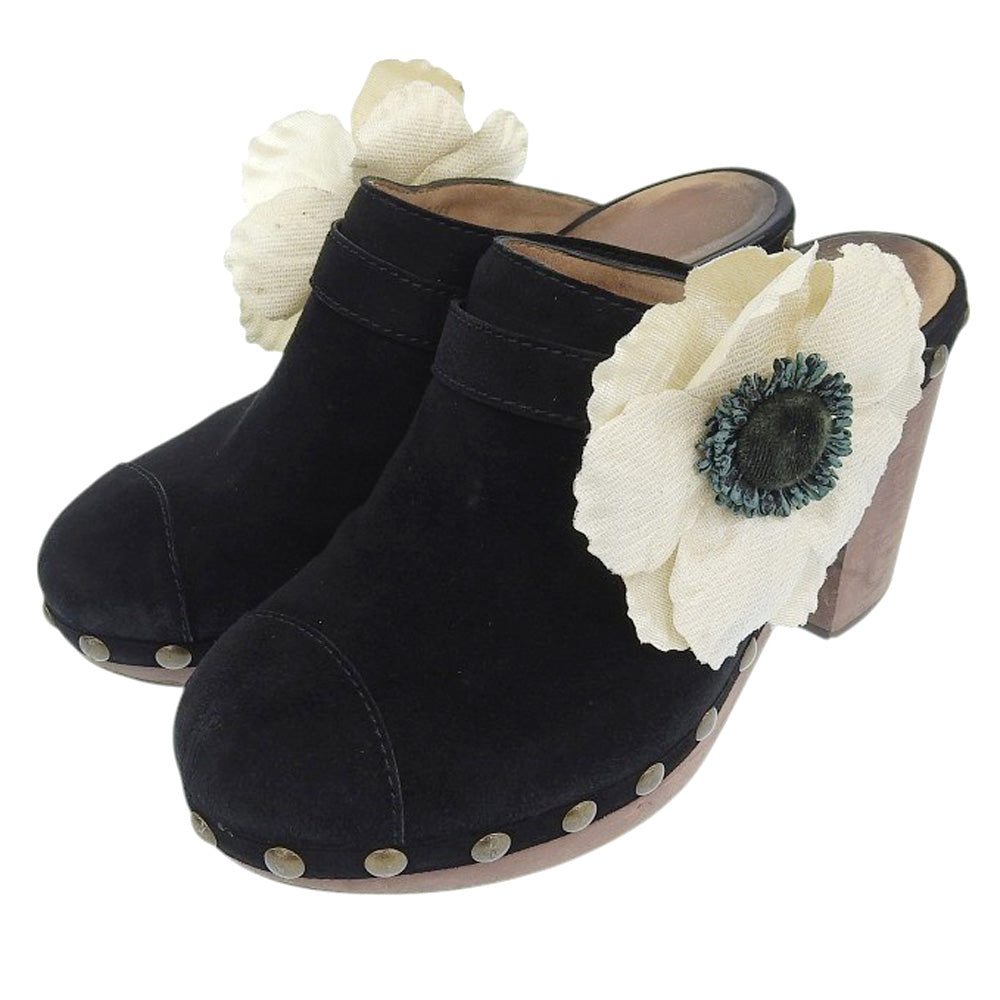 Chanel Suede Flower Corsage Wood Heel Sandals