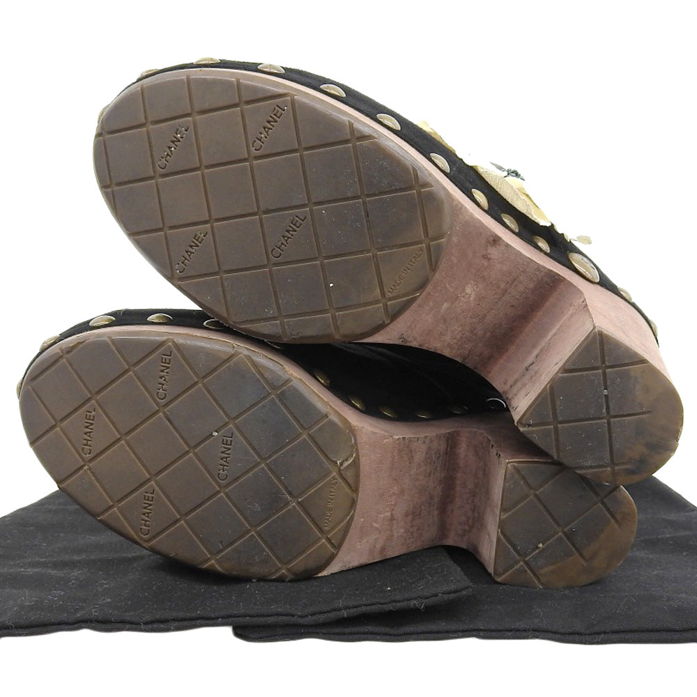 Chanel Suede Flower Corsage Wood Heel Sandals