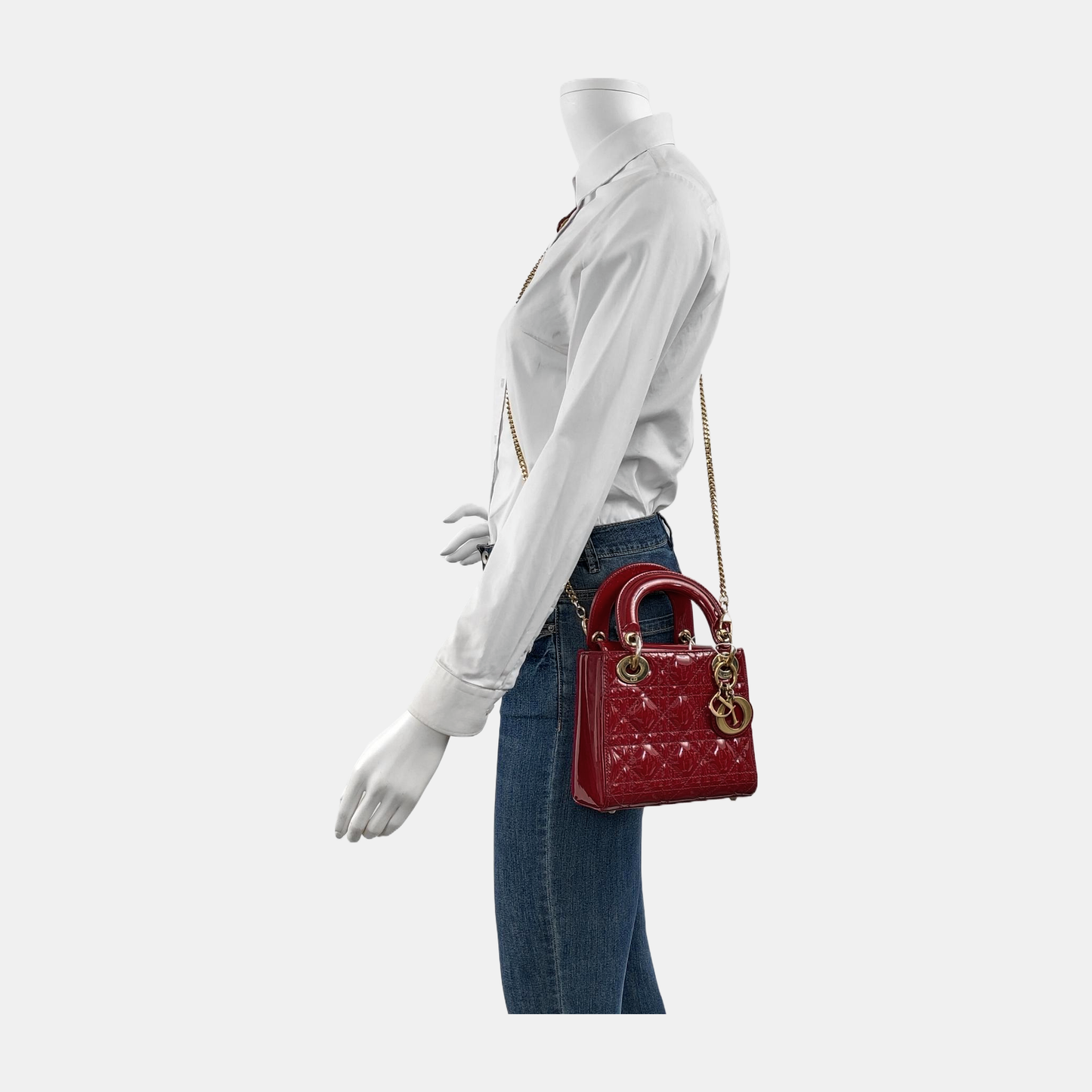 Lady Dior Mini Handbag Burgundy Red Patent Leather Gold-tone Chain Strap