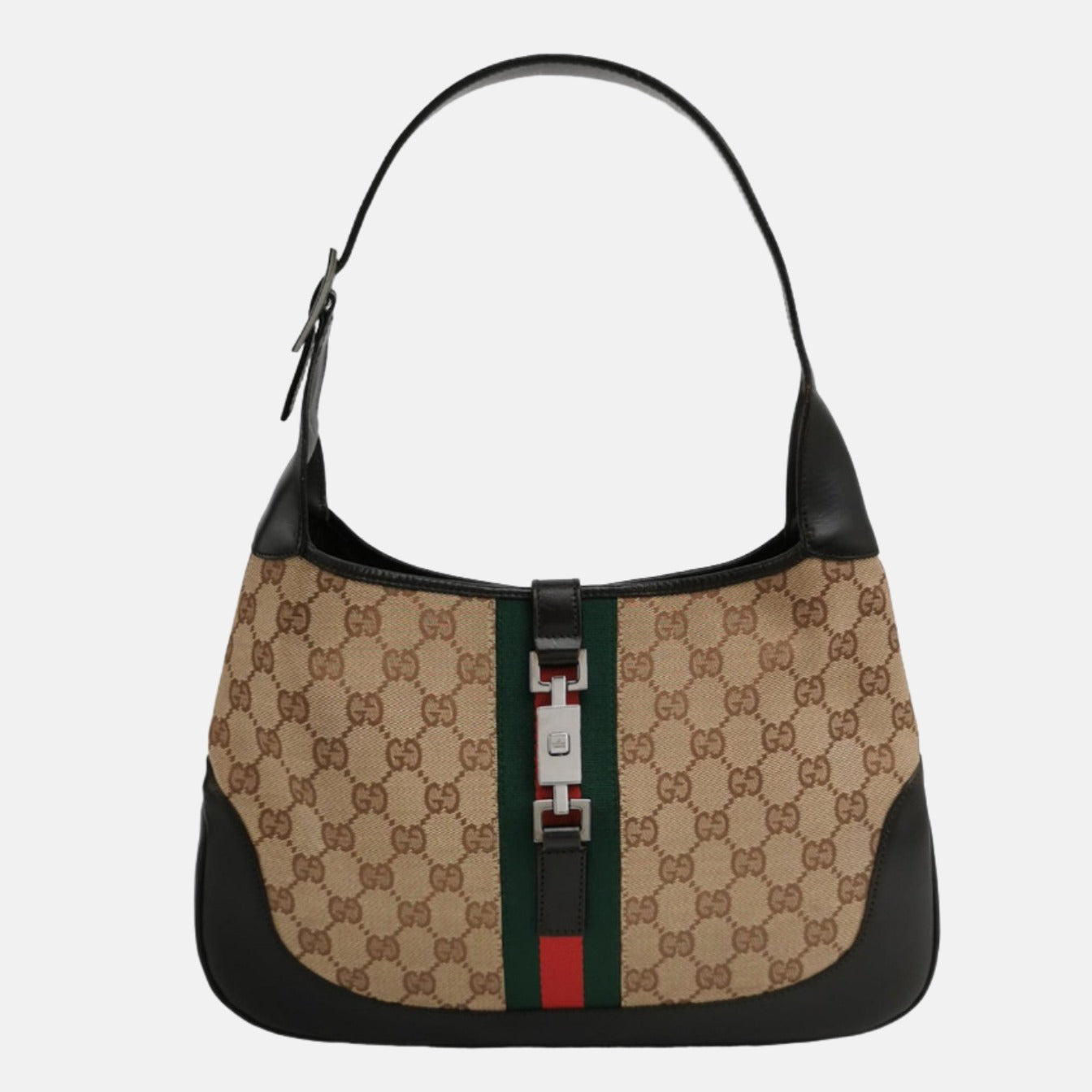 Gucci Jackie   Medium Monogram Canvas Black Leather Shoulder Bag