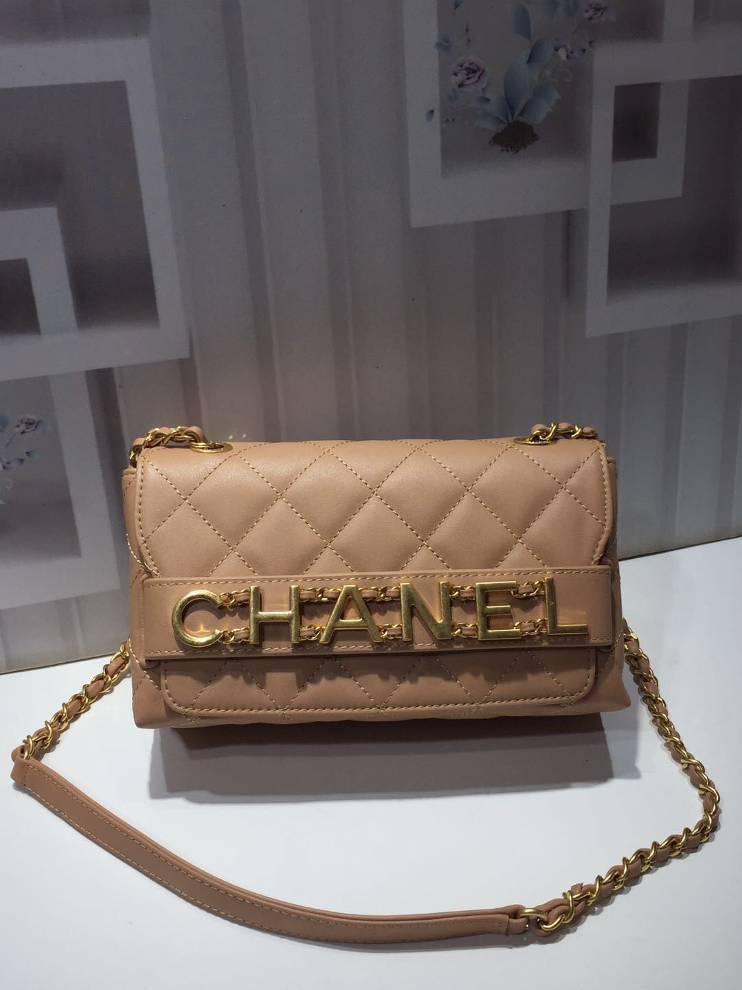 CHLFront Logo Small Flap Bag Gold Hardware Apricot For Women, Women’s Handbags, Shoulder Bags 8in/21cm AS1490