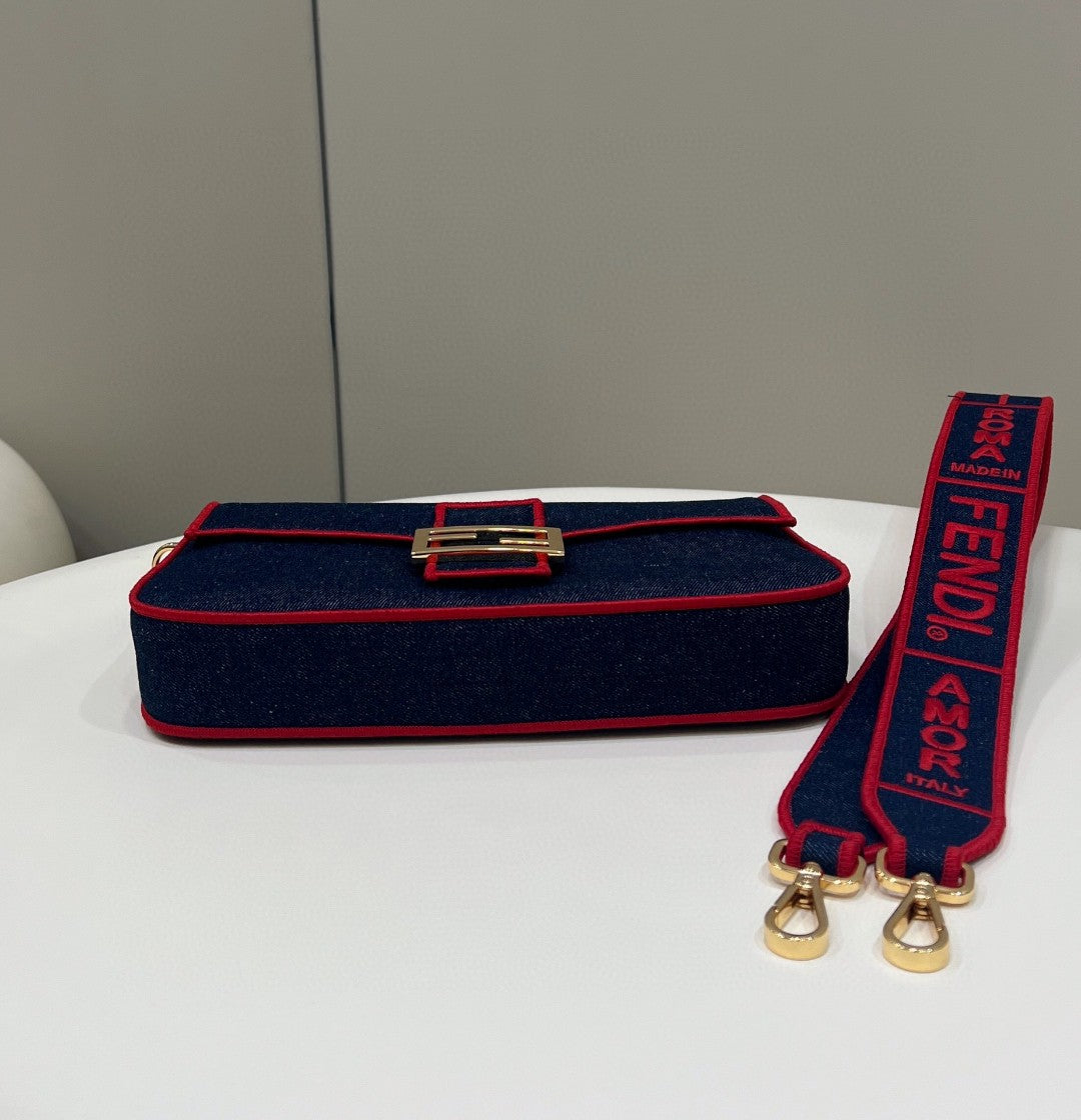 Top QualityTop Quality Baguette Blue Denim Red Border Bag For Woman 26cm/10in