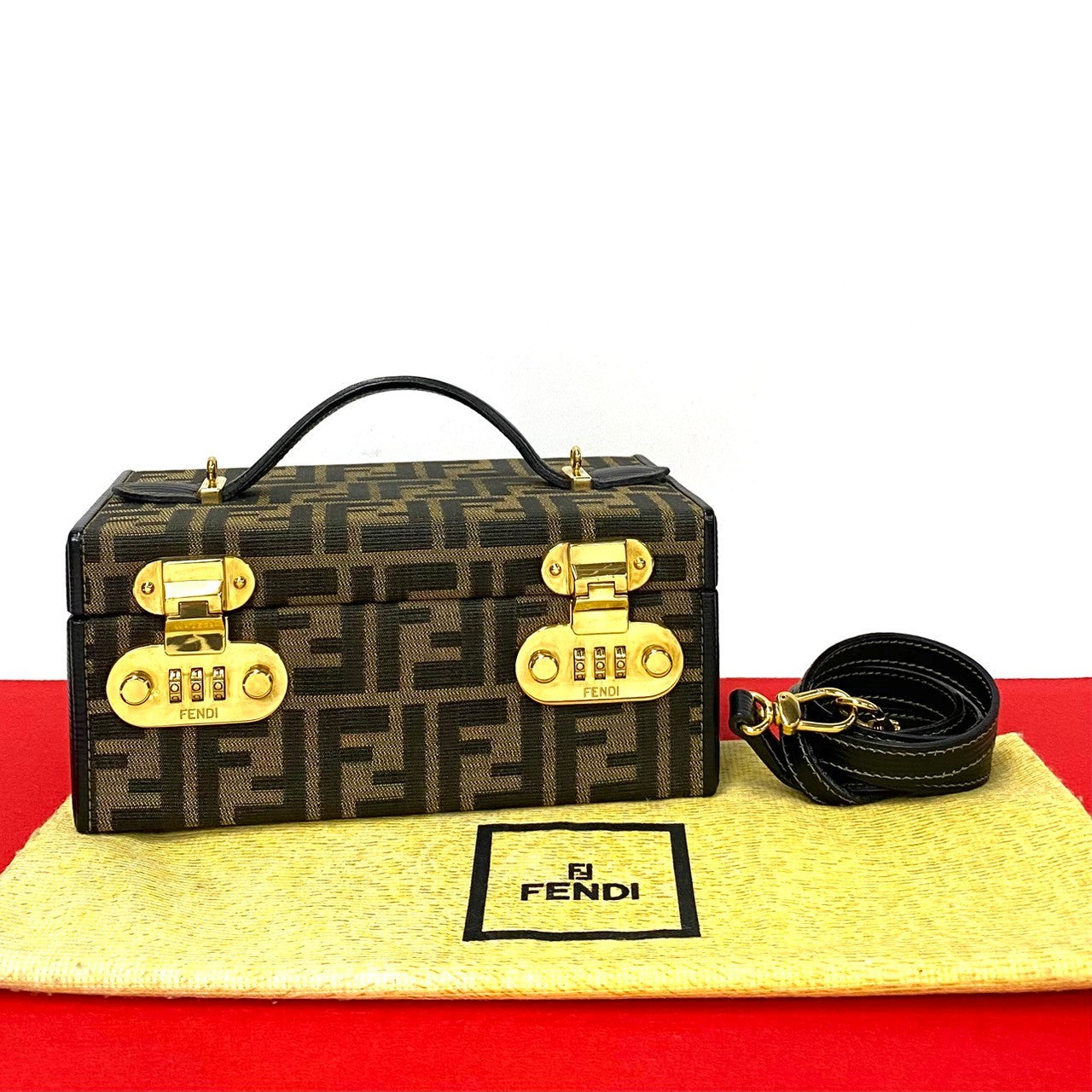 FENDI Shoulder Bag Canvas, Leather Brown Zucca FF Pattern Dial Lock Vanity Women