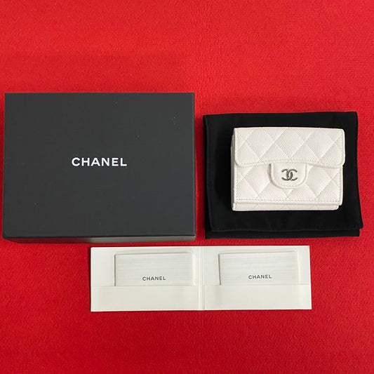 CHANEL Tri-fold wallet Matt caviar skin white COCO Mark Matrasse Women