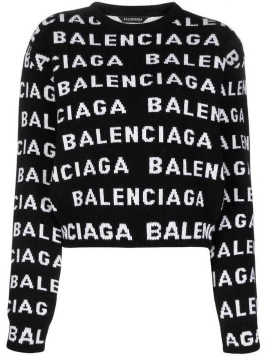 Luxury Balenciaga Trending 2025 Intarsia All-Over Logo Crew Neck Knit Top Black