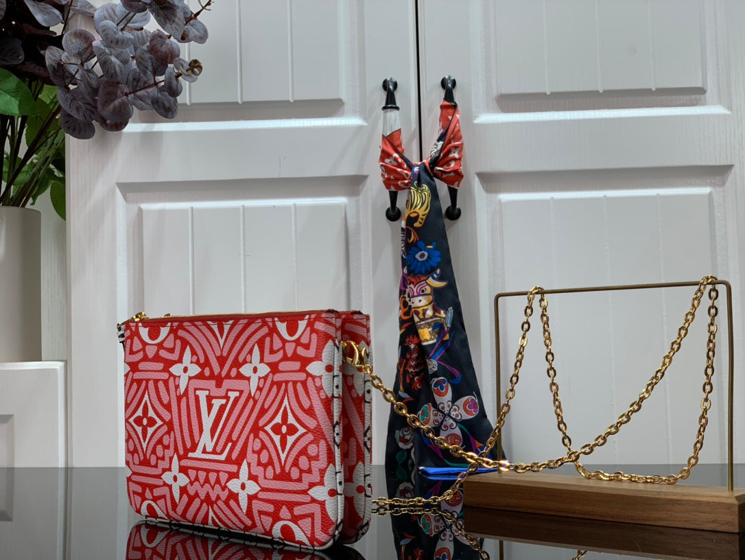 Top Quality Top Quality Crafty Double Zip Pochette Monogram Canvas Red/White For Women,  Shoulder And Crossbody Bags 7.9in/20cm Top Quality