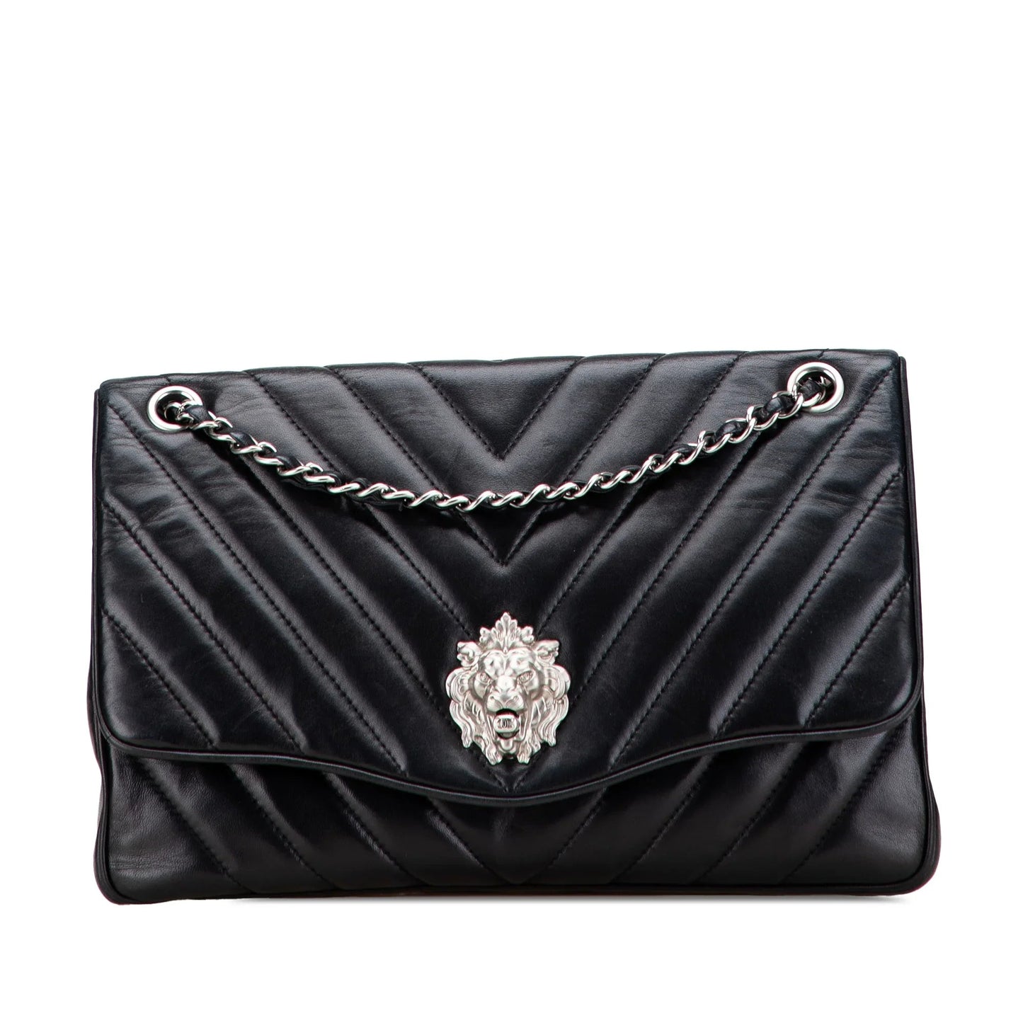Black Chanel Jumbo Chevron Lambskin Leo Lion Flap Shoulder Bag