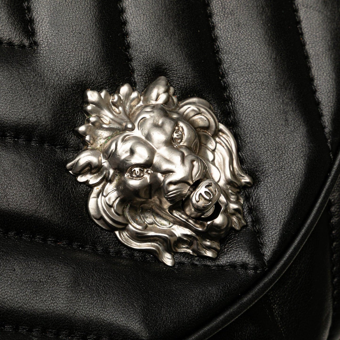 Black Chanel Jumbo Chevron Lambskin Leo Lion Flap Shoulder Bag